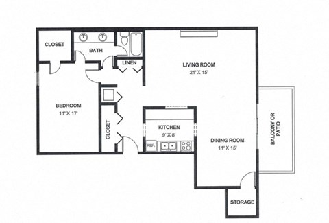 Floor plan for 1 bed, 1 bath, 1145 sqft
